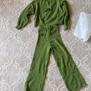 Nike Olive Green Knit Sweater and Wide-Leg Pants Set